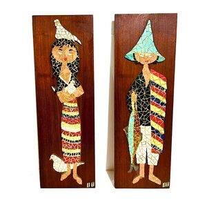 Vintage Mid Century Modern Mosaic On Wood Set of Wall Hangings Fisherman & Wife